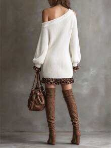 SHEIN Women's Asymmetric Collar Patchwork Leopard Print Fashion Loose Knit Dress - White - View 2