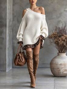 SHEIN Women's Asymmetric Collar Patchwork Leopard Print Fashion Loose Knit Dress - White - View 5