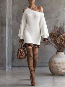 SHEIN Women's Asymmetric Collar Patchwork Leopard Print Fashion Loose Knit Dress - White - View 3