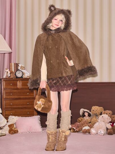 Kawaii Manteau en laine style cape avec chapeau ours mignon pour femmes, automne/hiver