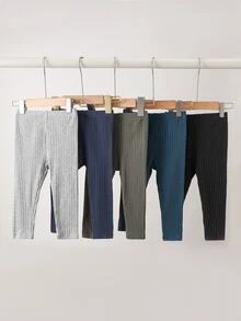 SHEIN 5 Pack Baby Boy Leggings Pants Cute Grey Navy Blue Teal Black Ribbed Solid Color Regular Birthday Party Fall Holiday Ballet New Born Elastic Fit - Multicolor - View 8