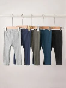 SHEIN 5 Pack Baby Boy Leggings Pants Cute Grey Navy Blue Teal Black Ribbed Solid Color Regular Birthday Party Fall Holiday Ballet New Born Elastic Fit - Multicolor - View 2