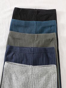 SHEIN 5 Pack Baby Boy Leggings Pants Cute Grey Navy Blue Teal Black Ribbed Solid Color Regular Birthday Party Fall Holiday Ballet New Born Elastic Fit - Multicolor - View 3