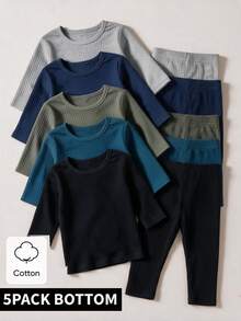 SHEIN 5 Pack Baby Boy Leggings Pants Cute Grey Navy Blue Teal Black Ribbed Solid Color Regular Birthday Party Fall Holiday Ballet New Born Elastic Fit - Multicolor - View 1