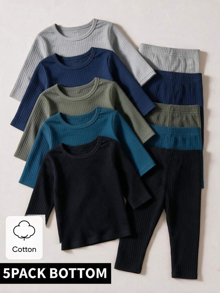 SHEIN 5 Pack Baby Boy Leggings Pants Cute Grey Navy Blue Teal Black Ribbed Solid Color Regular Birthday Party Fall Holiday Ballet New Born Elastic Fit - Multicolor - View 1