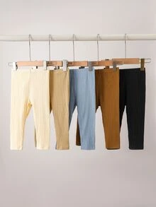 SHEIN 5pcs Baby Toddler Boys Ribbed Leggings Pants Cute Sweet Green Brown Khaki Blue Ribbed Knit Solid Regular Holiday Party Fall Winter Elastic - Multicolor - View 3