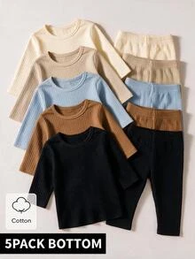 SHEIN 5pcs Baby Toddler Boys Ribbed Leggings Pants Cute Sweet Green Brown Khaki Blue Ribbed Knit Solid Regular Holiday Party Fall Winter Elastic - Multicolor - View 1