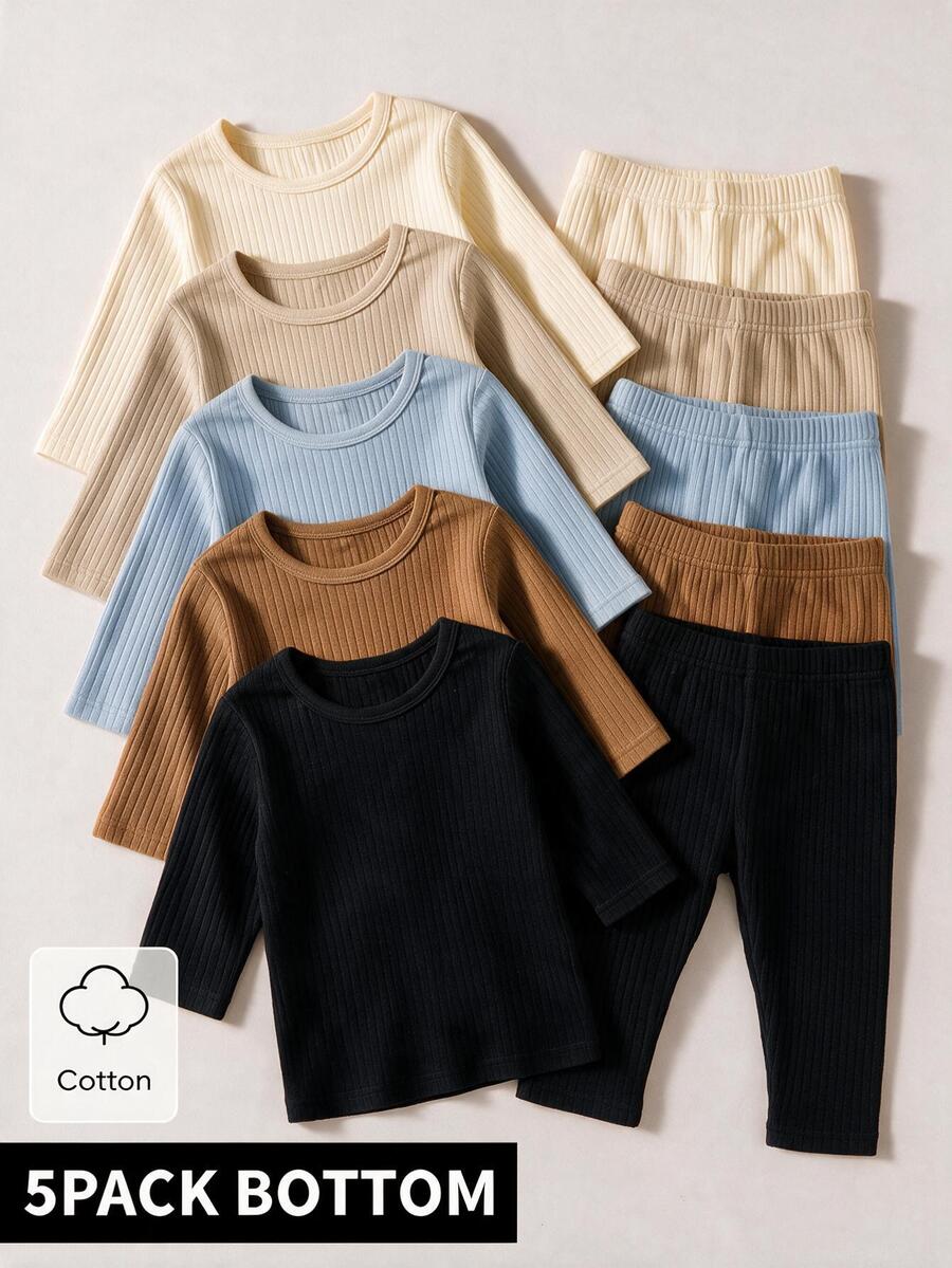 SHEIN 5pcs Baby Toddler Boys Ribbed Leggings Pants Cute Sweet Green Brown Khaki Blue Ribbed Knit Solid Regular Holiday Party Fall Winter Elastic - Multicolor - View 1