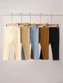 SHEIN 5pcs Baby Toddler Boys Ribbed Leggings Pants Cute Sweet Green Brown Khaki Blue Ribbed Knit Solid Regular Holiday Party Fall Winter Elastic - Multicolor - View 2