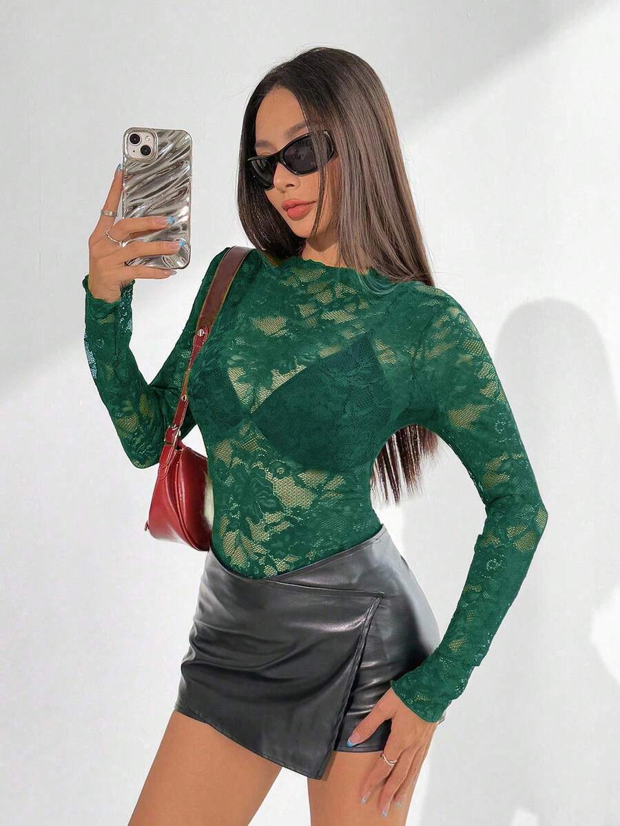 EgrlEra Women's Lace Elastic Peony Floral Sheer Sexy Top (Random Cut) - Dark Green - View 1