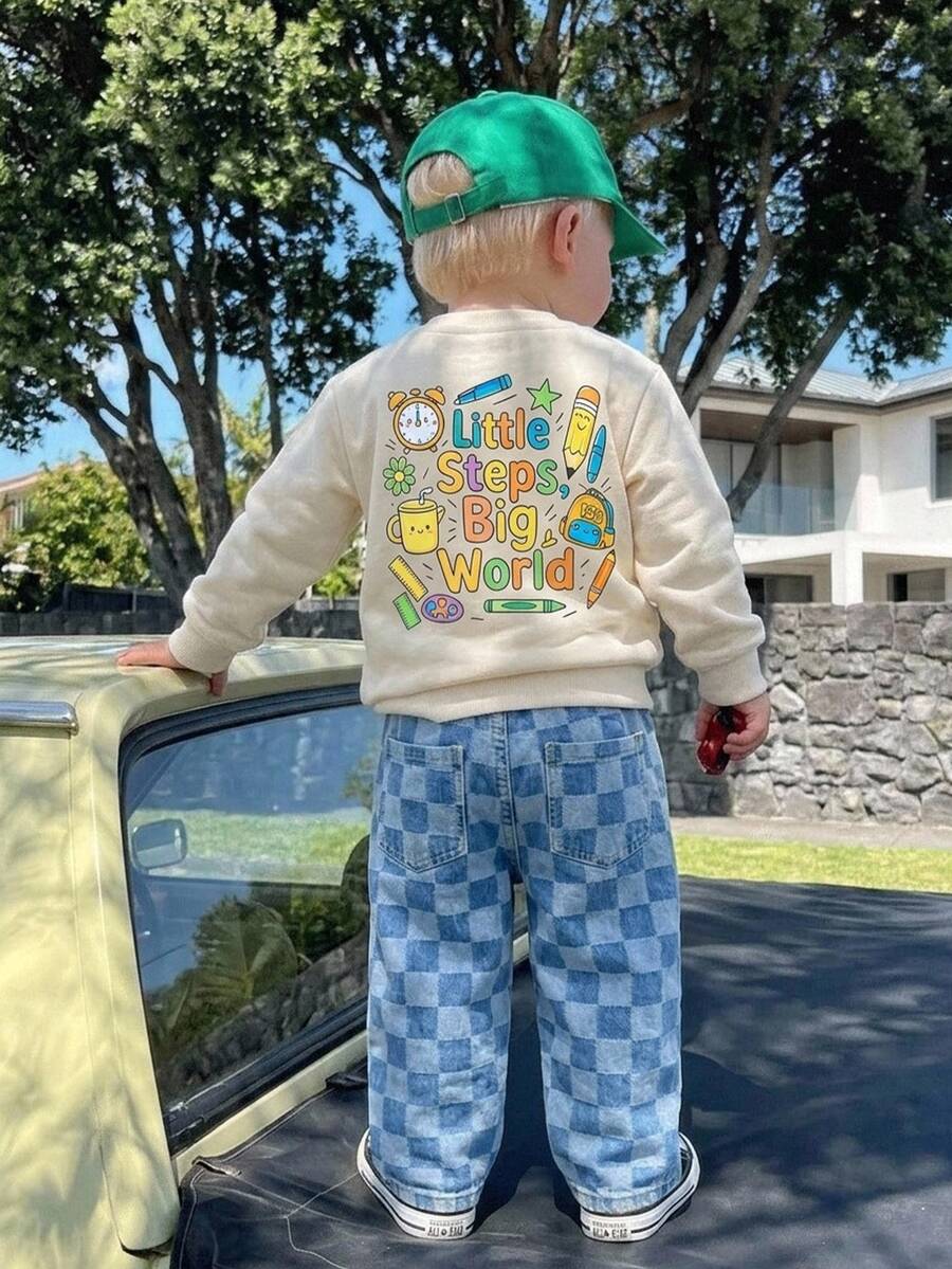 SHEIN Bubblio 2件組小男孩可愛白色秋季運動衫與藍色丹寧運動套裝,返校季夏季校園,兒童長袖小男孩兩件式牛仔套裝 - 彩色 - 查看 1