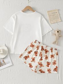 Teen Girls Simple Black Cat Print Crew Neck Short Sleeve Top & Shorts 2 Pieces Lounge Set - White - View 2