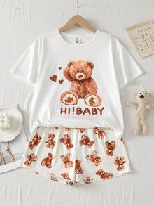 Teen Girls Simple Black Cat Print Crew Neck Short Sleeve Top & Shorts 2 Pieces Lounge Set - White - View 3