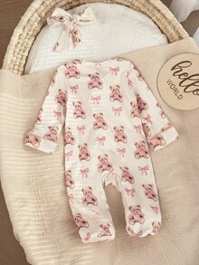 SHEIN 新生女嬰休閒可愛針織卡通熊與蝴蝶結圖案長袖居家服 - 米色 - 查看 4