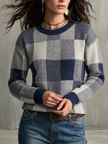 SHEIN 女款格紋圓領長袖休閒套頭針織衫 辦公室穿搭 海軍藍 秋季 - 藏蓝色 - 查看 6