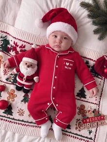 SHEIN Newborn Baby Slogan Print Long Sleeve Single-Breasted Casual Loungewear Autumn Winter Romper - Burgundy - View 3