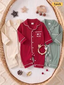 SHEIN Newborn Baby Slogan Print Long Sleeve Single-Breasted Casual Loungewear Autumn Winter Romper - Burgundy - View 8