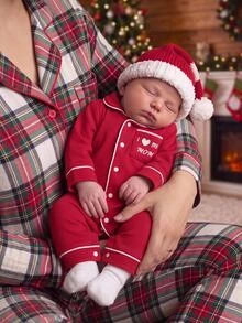 SHEIN Newborn Baby Slogan Print Long Sleeve Single-Breasted Casual Loungewear Autumn Winter Romper - Burgundy - View 1