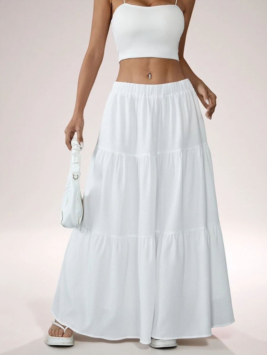 SHEIN PETITE Solid Ruffle Hem Schiffy Skirt ,Petite Women