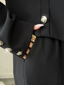 Elenzga Women's Suit Set, Elegant Women's Suit Set, Women's Blazer, Women's Suit Pants, Structured Women's Blazer, Women's Commuter Outfit, Women's Office Suit, Women's Business Suit, Women's Black Top, Women's Black Pants, Women's Autumn Outfit, Women's Winter Outfit, Women's Small Stand Collar Top, Women's Open Front Decorative Button Blazer - Black - View 9