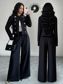 Elenzga Women's Suit Set, Elegant Women's Suit Set, Women's Blazer, Women's Suit Pants, Structured Women's Blazer, Women's Commuter Outfit, Women's Office Suit, Women's Business Suit, Women's Black Top, Women's Black Pants, Women's Autumn Outfit, Women's Winter Outfit, Women's Small Stand Collar Top, Women's Open Front Decorative Button Blazer - Black - View 1