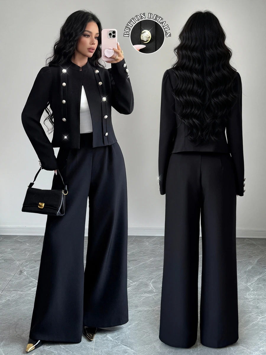 Elenzga Women's Suit Set, Elegant Women's Suit Set, Women's Blazer, Women's Suit Pants, Structured Women's Blazer, Women's Commuter Outfit, Women's Office Suit, Women's Business Suit, Women's Black Top, Women's Black Pants, Women's Autumn Outfit, Women's Winter Outfit, Women's Small Stand Collar Top, Women's Open Front Decorative Button Blazer - Black - View 1