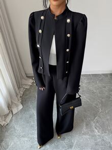 Elenzga Women's Suit Set, Elegant Women's Suit Set, Women's Blazer, Women's Suit Pants, Structured Women's Blazer, Women's Commuter Outfit, Women's Office Suit, Women's Business Suit, Women's Black Top, Women's Black Pants, Women's Autumn Outfit, Women's Winter Outfit, Women's Small Stand Collar Top, Women's Open Front Decorative Button Blazer - Black - View 7