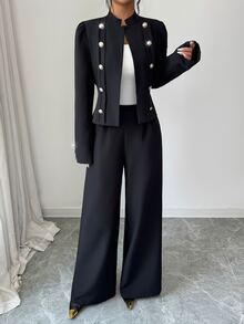 Elenzga Women's Suit Set, Elegant Women's Suit Set, Women's Blazer, Women's Suit Pants, Structured Women's Blazer, Women's Commuter Outfit, Women's Office Suit, Women's Business Suit, Women's Black Top, Women's Black Pants, Women's Autumn Outfit, Women's Winter Outfit, Women's Small Stand Collar Top, Women's Open Front Decorative Button Blazer - Black - View 5