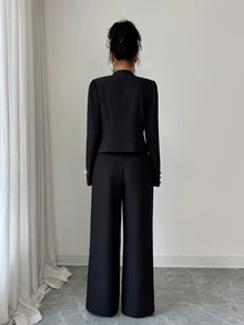Elenzga Women's Suit Set, Elegant Women's Suit Set, Women's Blazer, Women's Suit Pants, Structured Women's Blazer, Women's Commuter Outfit, Women's Office Suit, Women's Business Suit, Women's Black Top, Women's Black Pants, Women's Autumn Outfit, Women's Winter Outfit, Women's Small Stand Collar Top, Women's Open Front Decorative Button Blazer - Black - View 2