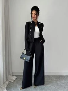 Elenzga Women's Suit Set, Elegant Women's Suit Set, Women's Blazer, Women's Suit Pants, Structured Women's Blazer, Women's Commuter Outfit, Women's Office Suit, Women's Business Suit, Women's Black Top, Women's Black Pants, Women's Autumn Outfit, Women's Winter Outfit, Women's Small Stand Collar Top, Women's Open Front Decorative Button Blazer - Black - View 6