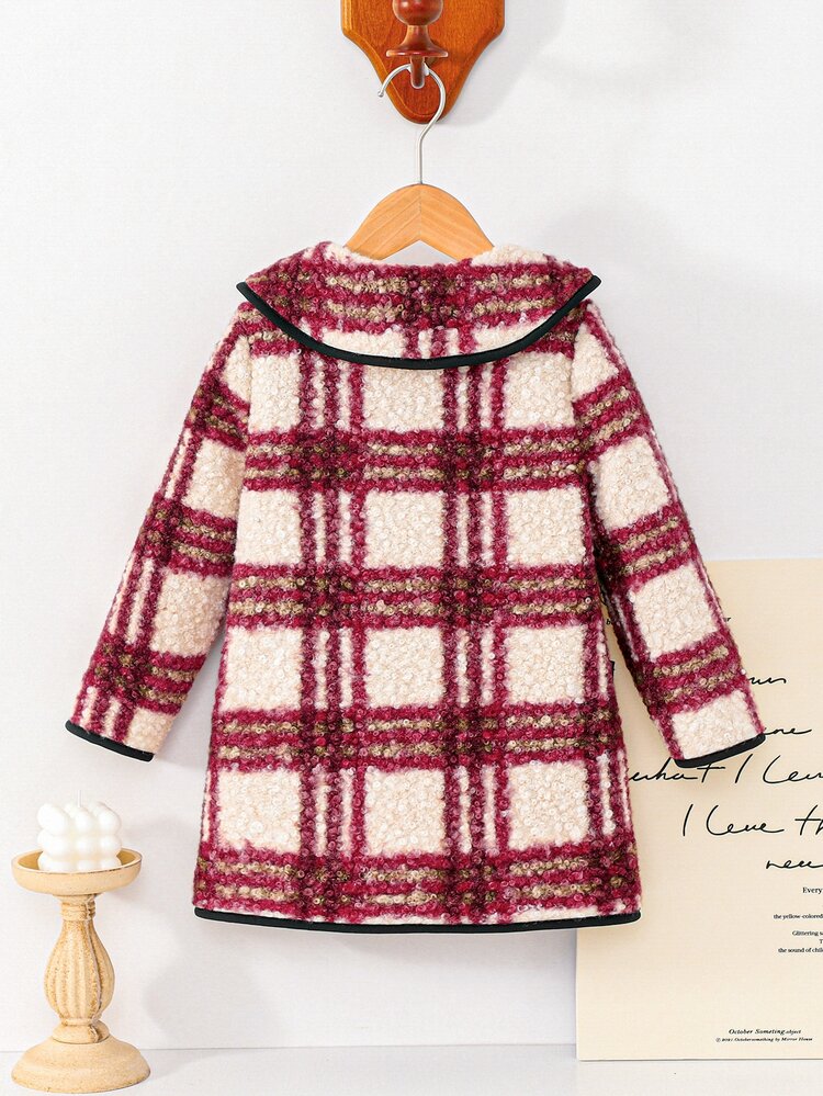 SHEIN Elladie kids Áo khoác tweed kẻ caro đỏ mới cho bé gái với chi tiết viền, nơ 3D và cúc ngọc trai, phong cách vintage thanh lịch dễ thương, phù hợp mặc hàng ngày, lễ hội, mùa thu/đông - Đỏ và trắng - Xem 2