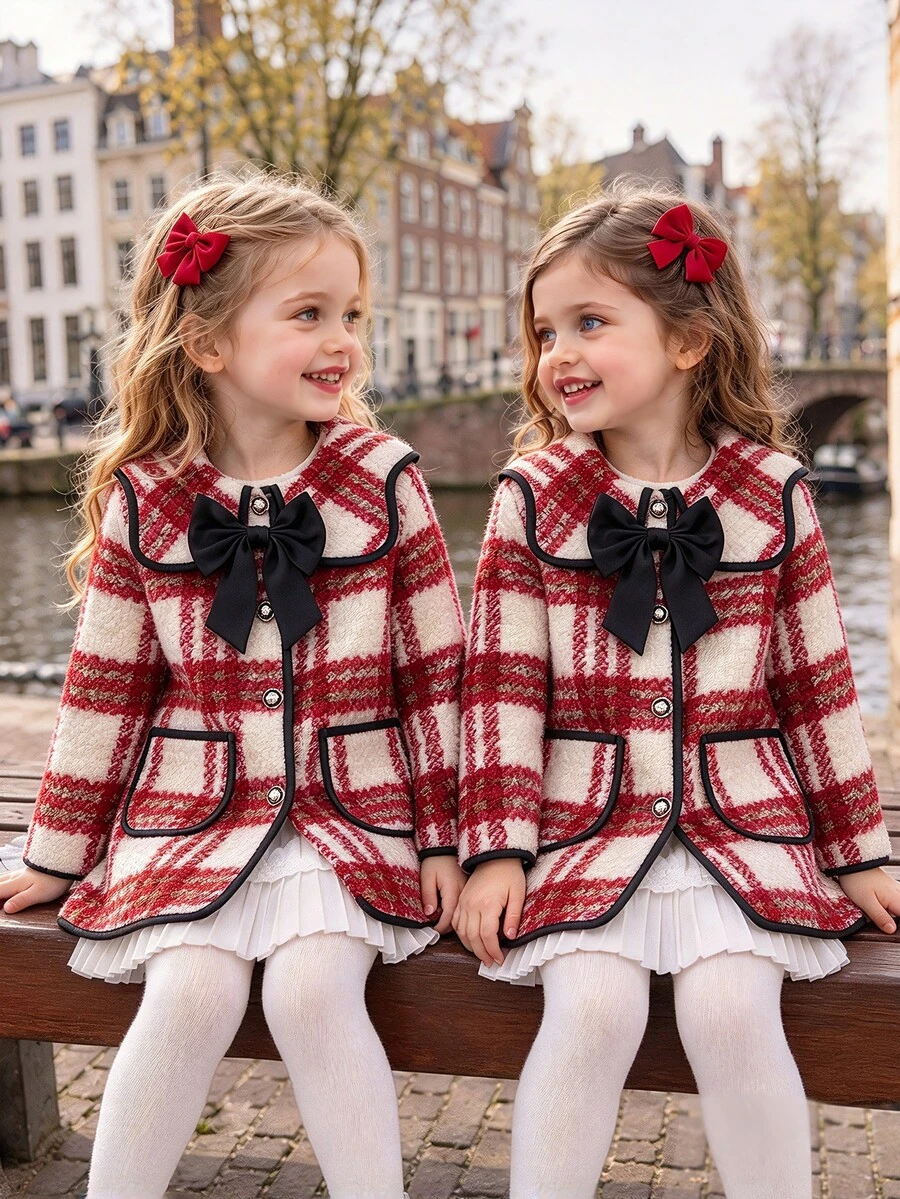 SHEIN Elladie kids 女童紅色格紋粗花呢夾克,飾邊設計,3D蝴蝶結與珍珠鈕扣,適合日常、復古、優雅、可愛、節日、冬季聖誕 - 紅白色 - 查看 1