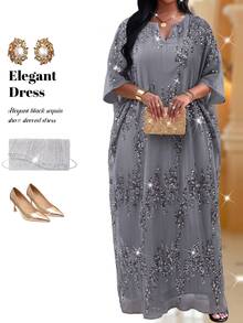 Fleurora Plus Size Women's Sequin Cutout V-Neck 3/4 Sleeve Loose Fashion Dress Theme Party Wedding Guest Summer Celestial Elegant - Silver - View 5