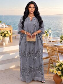Fleurora Plus Size Women's Sequin Cutout V-Neck 3/4 Sleeve Loose Fashion Dress Theme Party Wedding Guest Summer Celestial Elegant - Silver - View 1