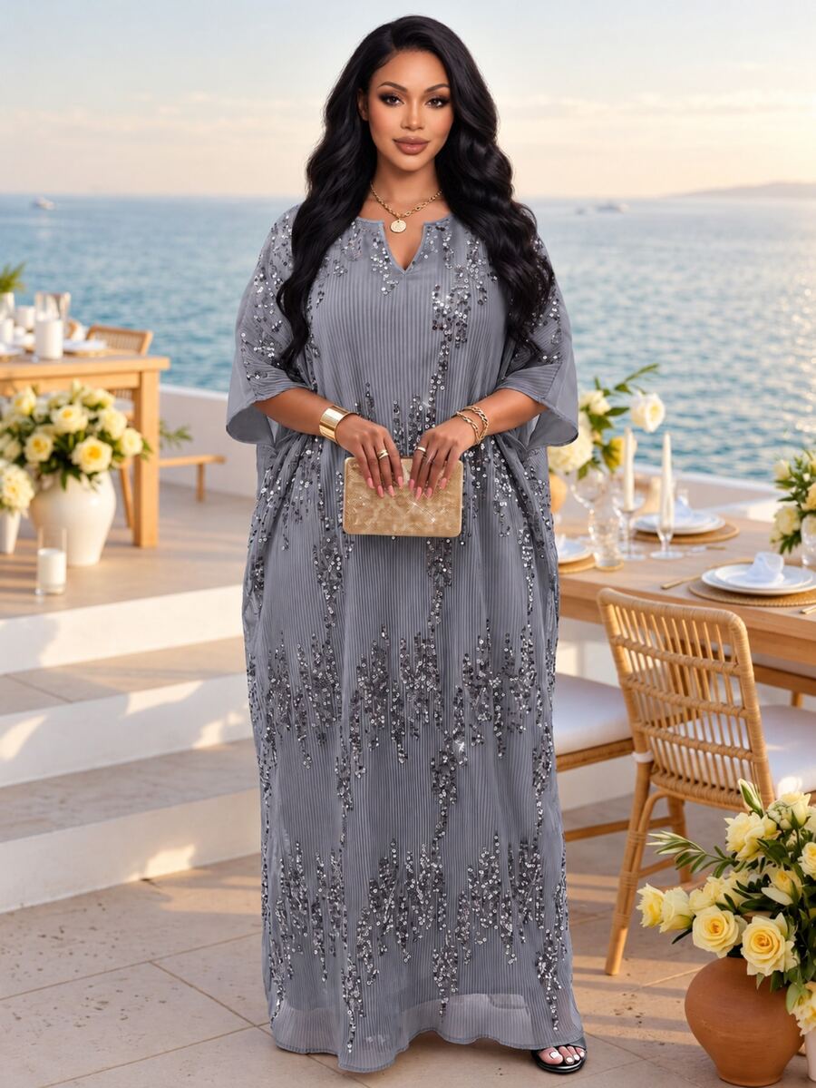 Fleurora Plus Size Women's Sequin Cutout V-Neck 3/4 Sleeve Loose Fashion Dress Theme Party Wedding Guest Summer Celestial Elegant - Silver - View 1