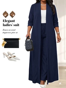 Fleurora Plus Size Women Solid Color Long Sleeve Cardigan And Pants Casual Elegant Brunch Formal Vacation 2 Pieces Set Evening Office Navy Blue Autumn - Navy Blue - View 7
