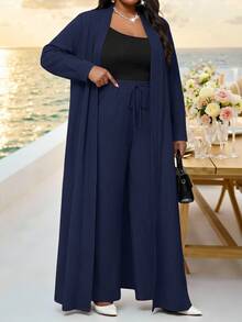 Fleurora Plus Size Women Solid Color Long Sleeve Cardigan And Pants Casual Elegant Brunch Formal Vacation 2 Pieces Set Evening Office Navy Blue Autumn - Navy Blue - View 6