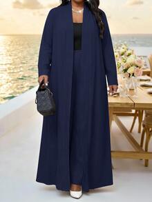 Fleurora Plus Size Women Solid Color Long Sleeve Cardigan And Pants Casual Elegant Brunch Formal Vacation 2 Pieces Set Evening Office Navy Blue Autumn - Navy Blue - View 3