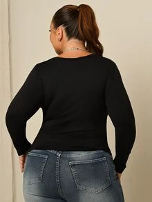 Lele Munniz Plus Size Women Black Long Sleeve Round Neck Thermal Undershirt, Waist Ruched Tummy Control T-Shirt, Smart Casual Autumn Ribbed Knit Fitted Top Office - Black - View 2