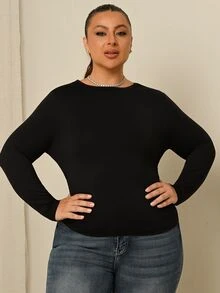 Lele Munniz Plus Size Women Black Long Sleeve Round Neck Thermal Undershirt, Waist Ruched Tummy Control T-Shirt, Smart Casual Autumn Ribbed Knit Fitted Top Office - Black - View 1