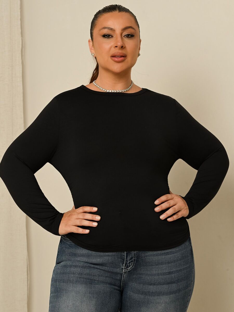 Lele Munniz Plus Size Women Black Long Sleeve Round Neck Thermal Undershirt, Waist Ruched Tummy Control T-Shirt, Smart Casual Autumn Ribbed Knit Fitted Top Office - Black - View 1