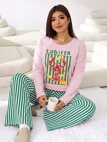 Solflare Plus Size Lobster Print Long Sleeve T-Shirt And Striped Drawstring Waist Pants 2 Pieces Set - Multicolor - View 5