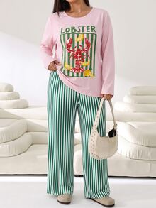 Solflare Plus Size Lobster Print Long Sleeve T-Shirt And Striped Drawstring Waist Pants 2 Pieces Set - Multicolor - View 3