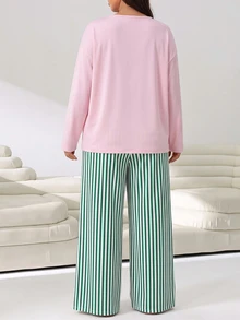 Solflare Plus Size Lobster Print Long Sleeve T-Shirt And Striped Drawstring Waist Pants 2 Pieces Set - Multicolor - View 2