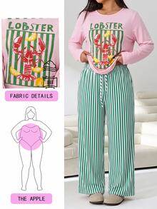Solflare Plus Size Lobster Print Long Sleeve T-Shirt And Striped Drawstring Waist Pants 2 Pieces Set - Multicolor - View 1