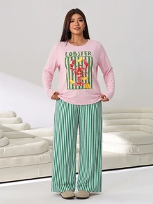 Solflare Plus Size Lobster Print Long Sleeve T-Shirt And Striped Drawstring Waist Pants 2 Pieces Set - Multicolor - View 4
