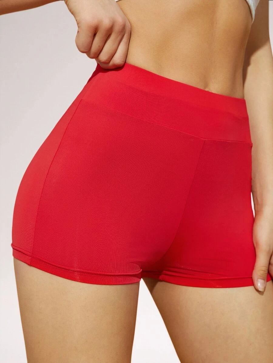 SHEIN PETITE Wide Waistband Solid Biker Shorts ,Petite Women - Red - View 1