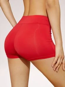 SHEIN PETITE Wide Waistband Solid Biker Shorts ,Petite Women - Red - View 2