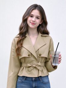 SHEIN Tween Girl Long Sleeve Zip Up Mini Black Coat Halloween Autumn Fall Style Fall Outfits - Khaki - View 3