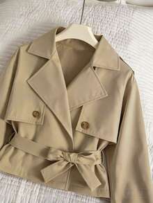 SHEIN Tween Girl Long Sleeve Zip Up Mini Black Coat Halloween Autumn Fall Style Fall Outfits - Khaki - View 4